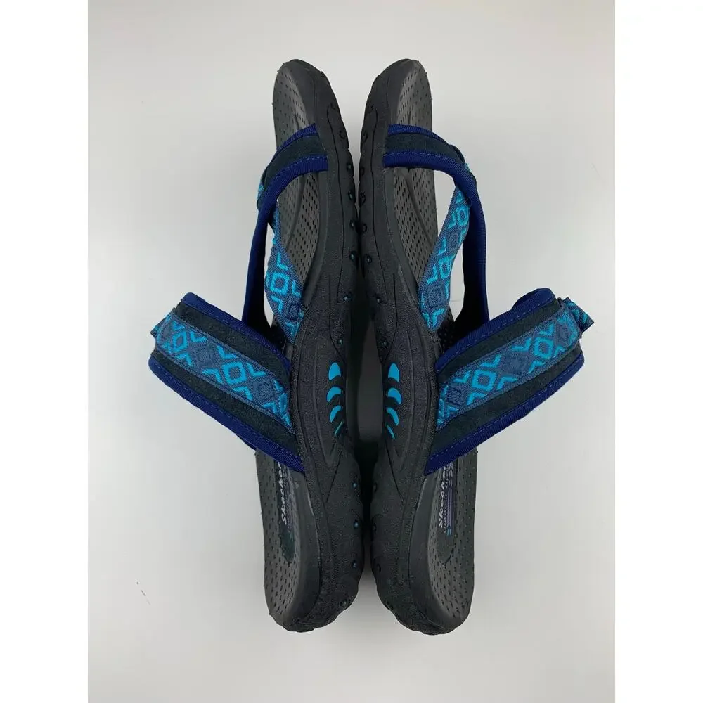 Skechers Reggae Trailway Sandals Slip On Toe Loop Black Blue Outdoor Women's 10